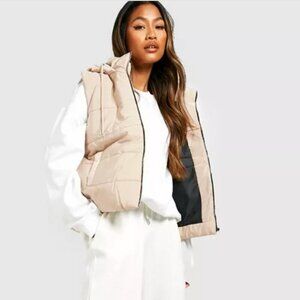 Boohoo Hooded Padded Vest in Beige